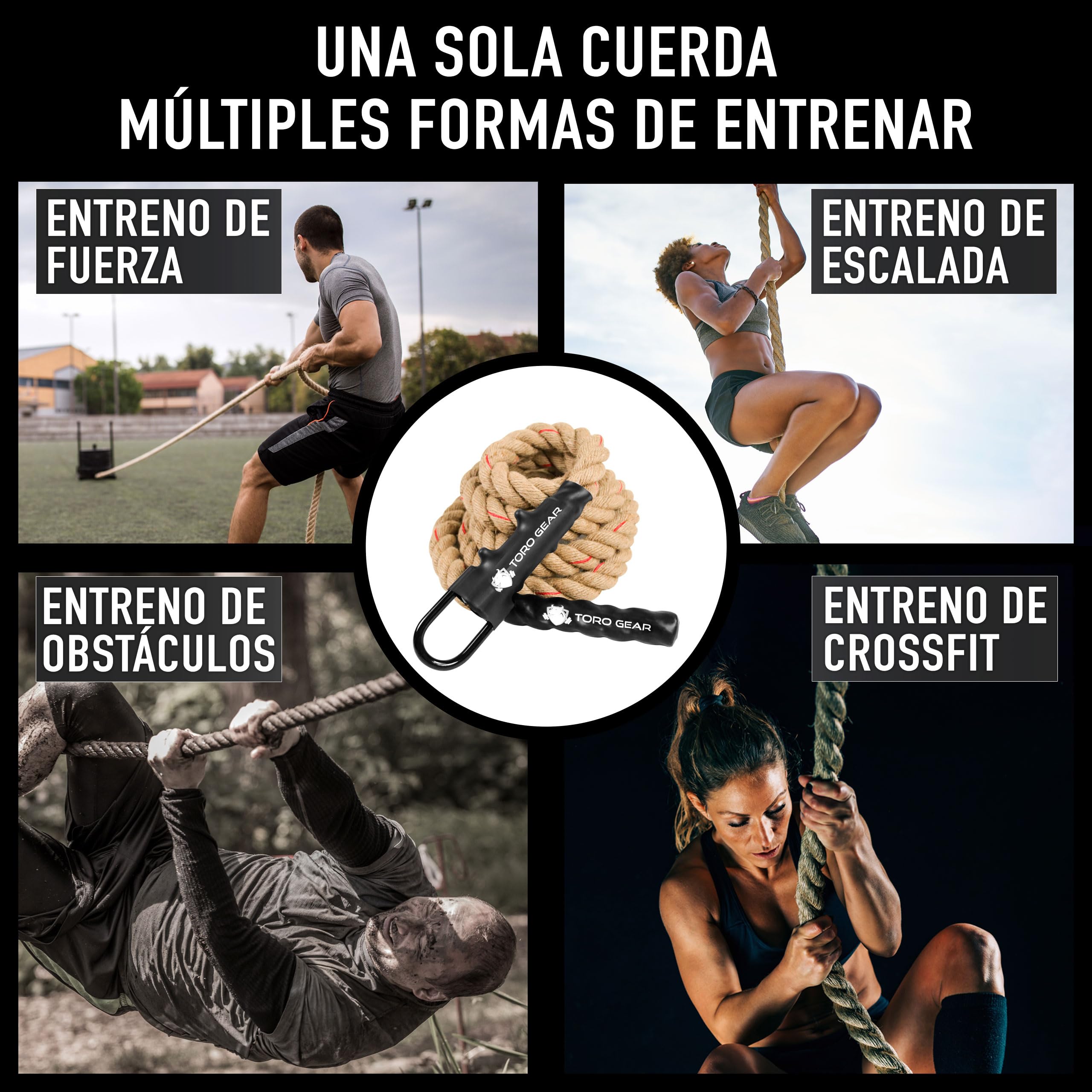 Cuerda para trepar de Yute 38 milímetros, 3-6 Metros – SOGA Crossfit, Batalla o Battle Rope, gimnasios, Bomberos – con Gancho para Aire Libre, Entrenamiento de Fitness y Fuerza