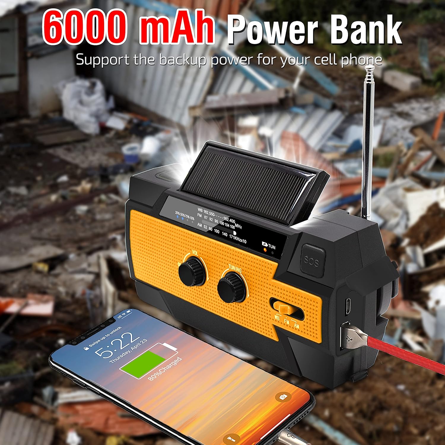 【2021 Newest】RunningSnail Emergency Crank Radio,6000mAh-Solar Hand Crank Portable AM/FM/NOAA Weather Radio with 1W Flashlight&Motion Sensor Reading Lamp，Cell Phone Charger, SOS for Home and Emergency : Electronics