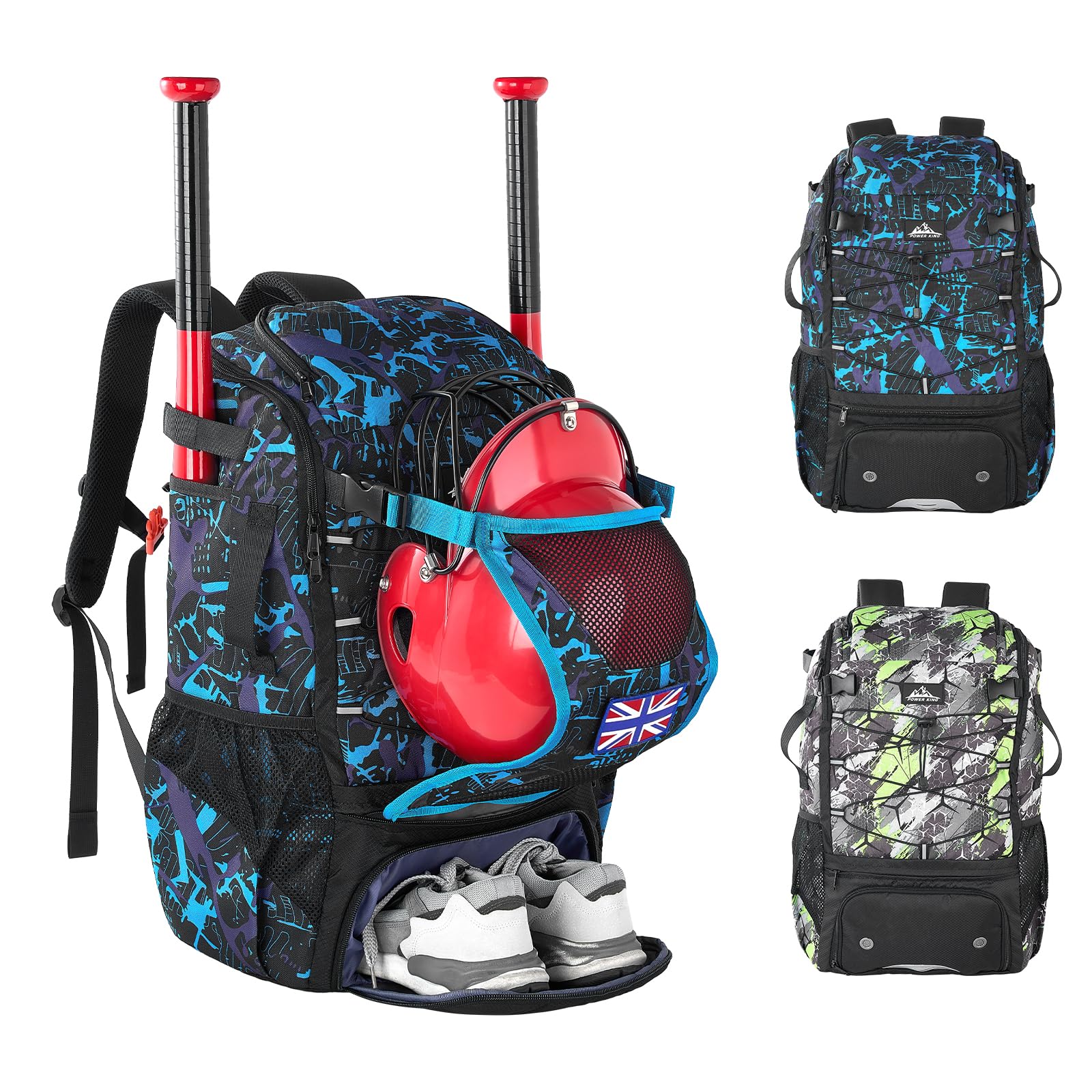 Power King 45L Youth Baseball Bat Bag, Large Capacity Backpack for Baseball, T-Ball & Softball Equipment & Gear with Shoe Compartment | Fence Hook | Helmet Holder