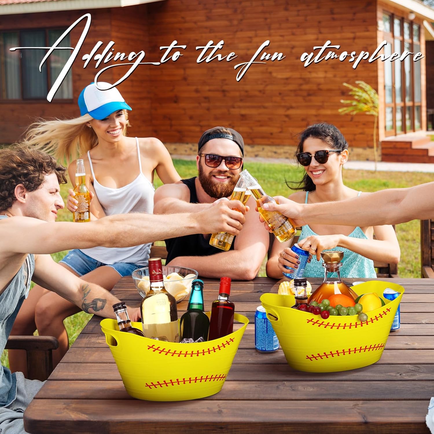 Teenyyou 6 Pcs Yellow Softball Plastic Ice Bucket Drink Cooler Bulk 4.5l Oval Storage Basket Tub with Handles for Summer Sport Birthday Party Decoration Supplies