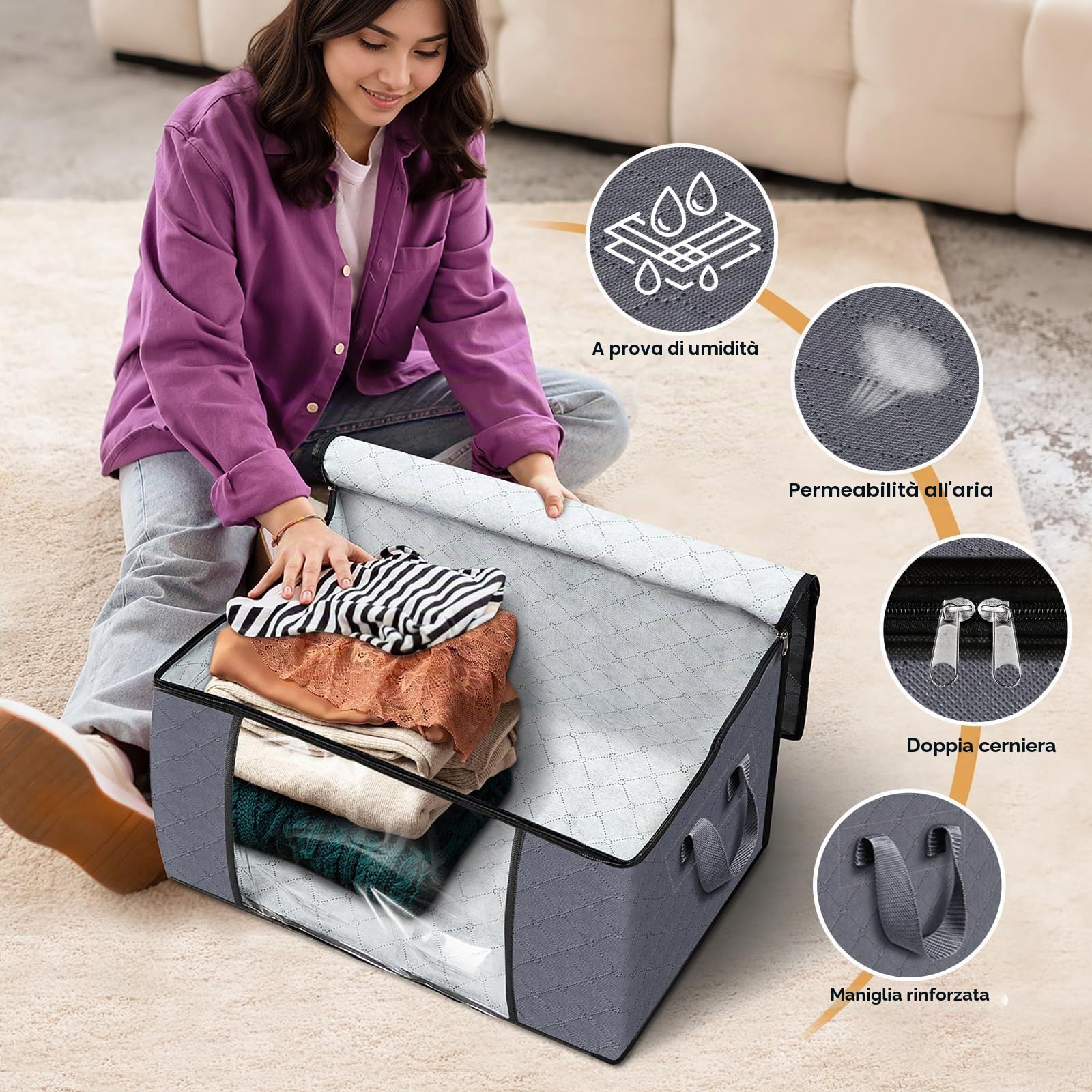 Fab totes Confezione da 6 contenitori per vestiti, pieghevoli, in tessuto spesso, per organizzare camera da letto, armadio, vestiti, piumone, organizzazione e conservazione con manico, grigio