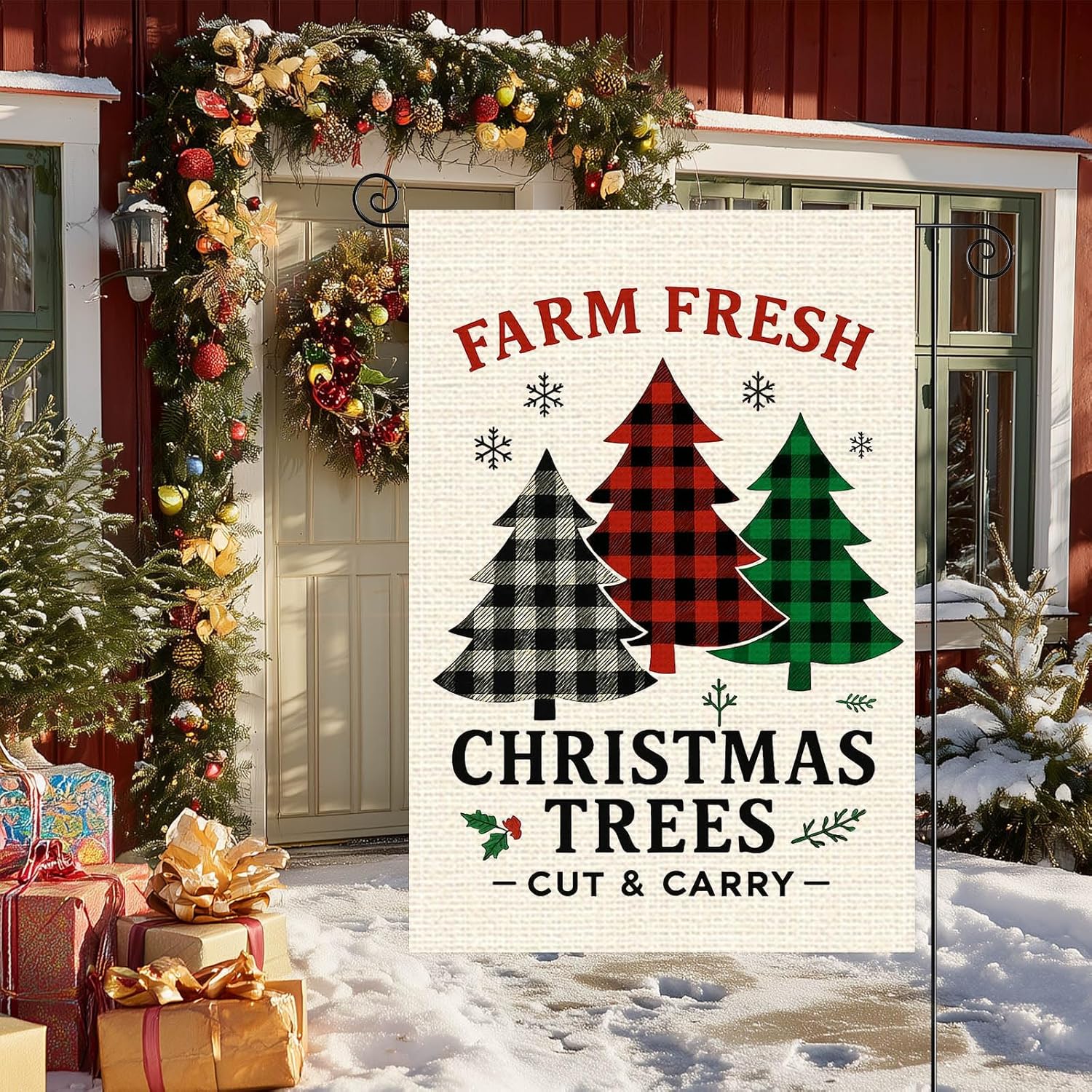 Merry Christmas Garden Flag 12x18 Inch Welcome Garden Flags Burlap Double-Sided Farm Fresh Christmas Trees Plaid Pine Seasonal Outdoor Holiday Banner Winter Flag for Yard Lawn Decoration - Image 3