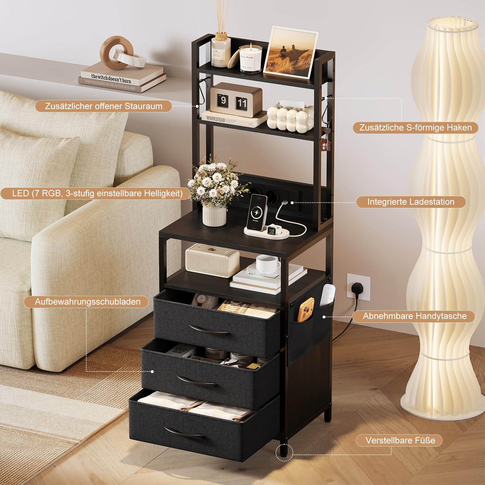 Nachttisch mit Ladefunktion & LED, Beistelltisch mit 3 Stoff-Schubladen, Nachtschrank mit Bücherregal, Offenes Fach, 2 AC, 1 USB & 1 Typ C Anschlüssen, für Schlafzimmer, Wohnzimmer, Büro(Schwarz)