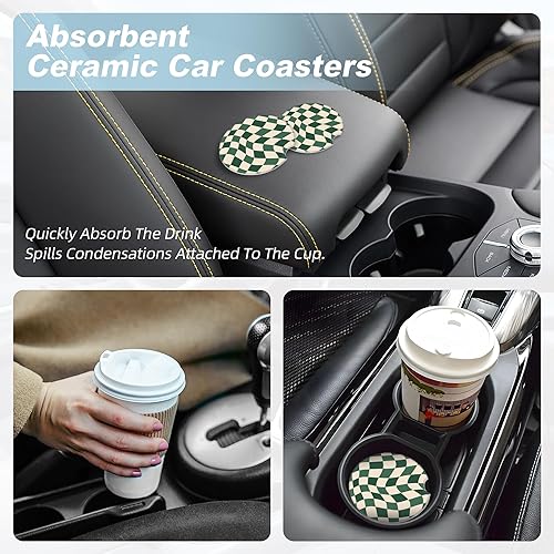 Miniatura 8 de Posavasos estéticos a cuadros verdes para portavasos de automóvil, paquete de 2 posavasos de automóvil para automóvil, posavasos absorbentes de