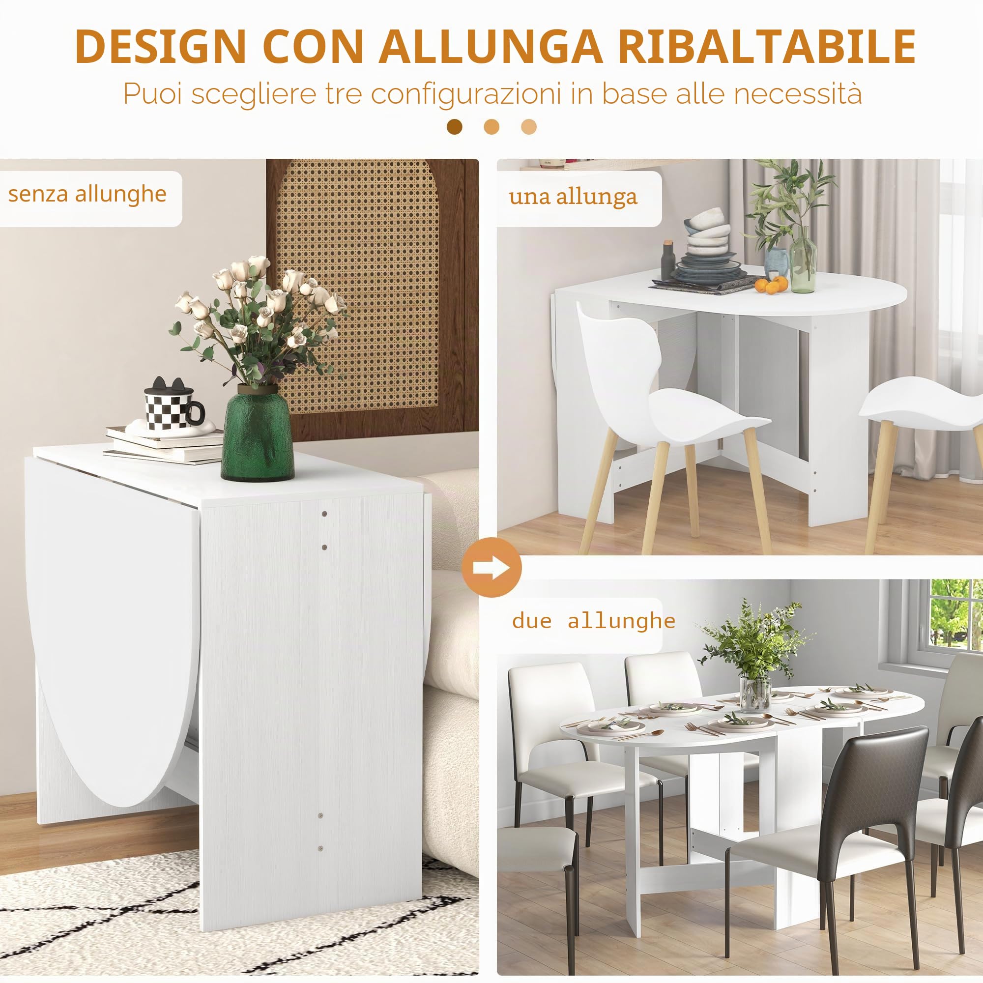HOMCOM Tavolo da Pranzo Pieghevole, 163x80 cm Scrivania Richiudibile Salvaspazio con 2 Ribalte Ovale per 6 Persone, Tavolo Cucina a Ribalta, Ideale per Soggiorno, Casa, Ufficio, Bianco