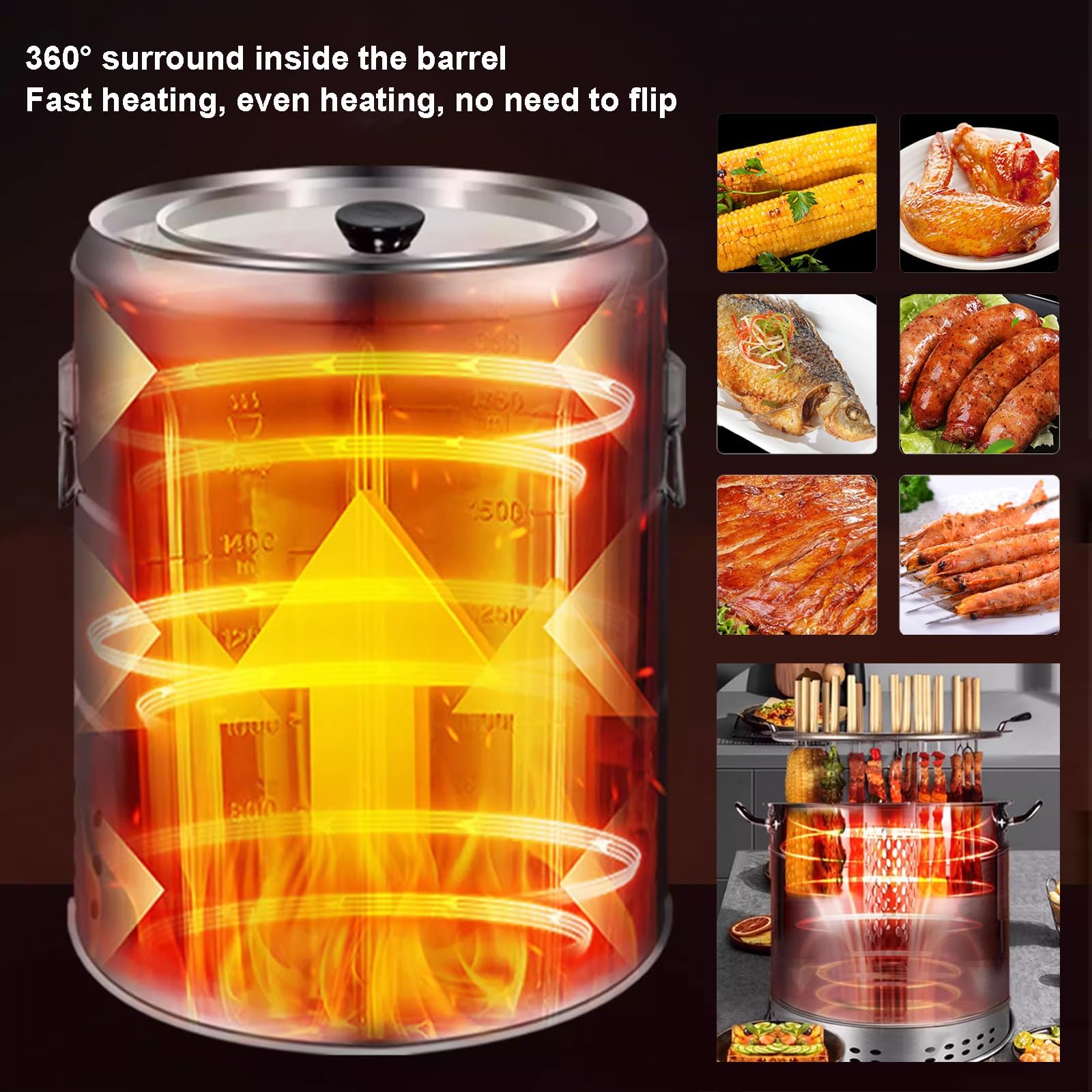 Grandi Griglie a Carbone Portatili, Barbecue a Carbone in Acciaio Inox a Barile, 360° Senza Fumo per Esterni, Fornello a Carbone Sospeso per Feste