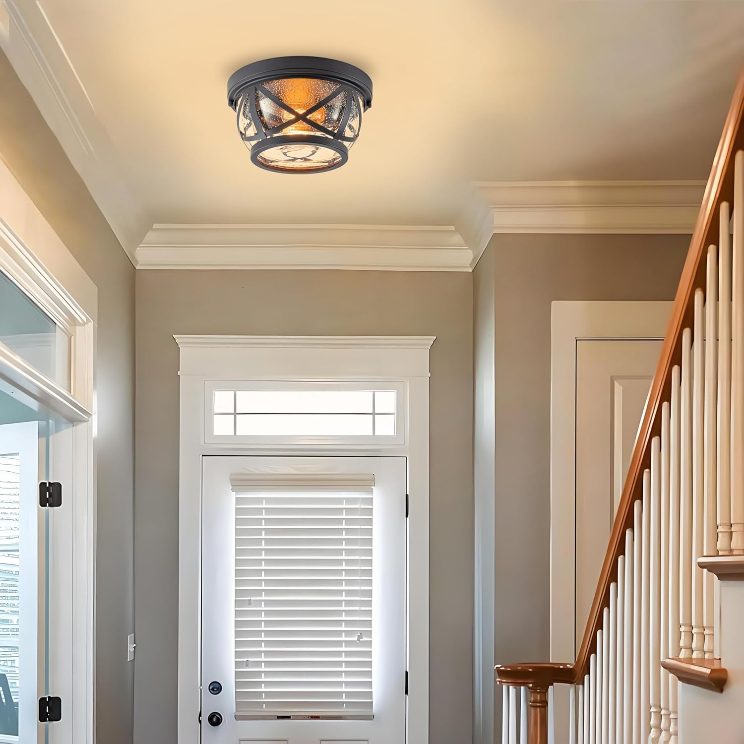 Oil-rubbed Bronze Flush Mount Ceiling Light Fixtures, 2-Light Farmhouse Porch Light Ceiling Mount with Seeded Glass, Industrial Outdoor Indoor Flush Mount Light Fixture for Kitchen Entryway & Foyer