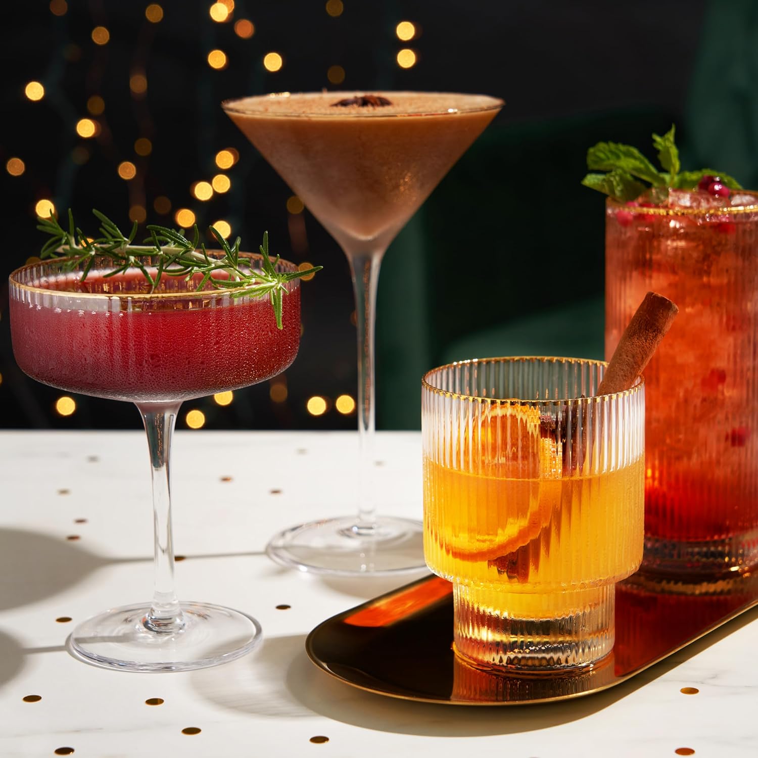 Viski Meridian Highball Glasses Set of 2 - Vintage Drinking Glass, Art Deco Ripple Glassware Design, 15oz Gold Rimmed Collins Glasses Set - Image 10