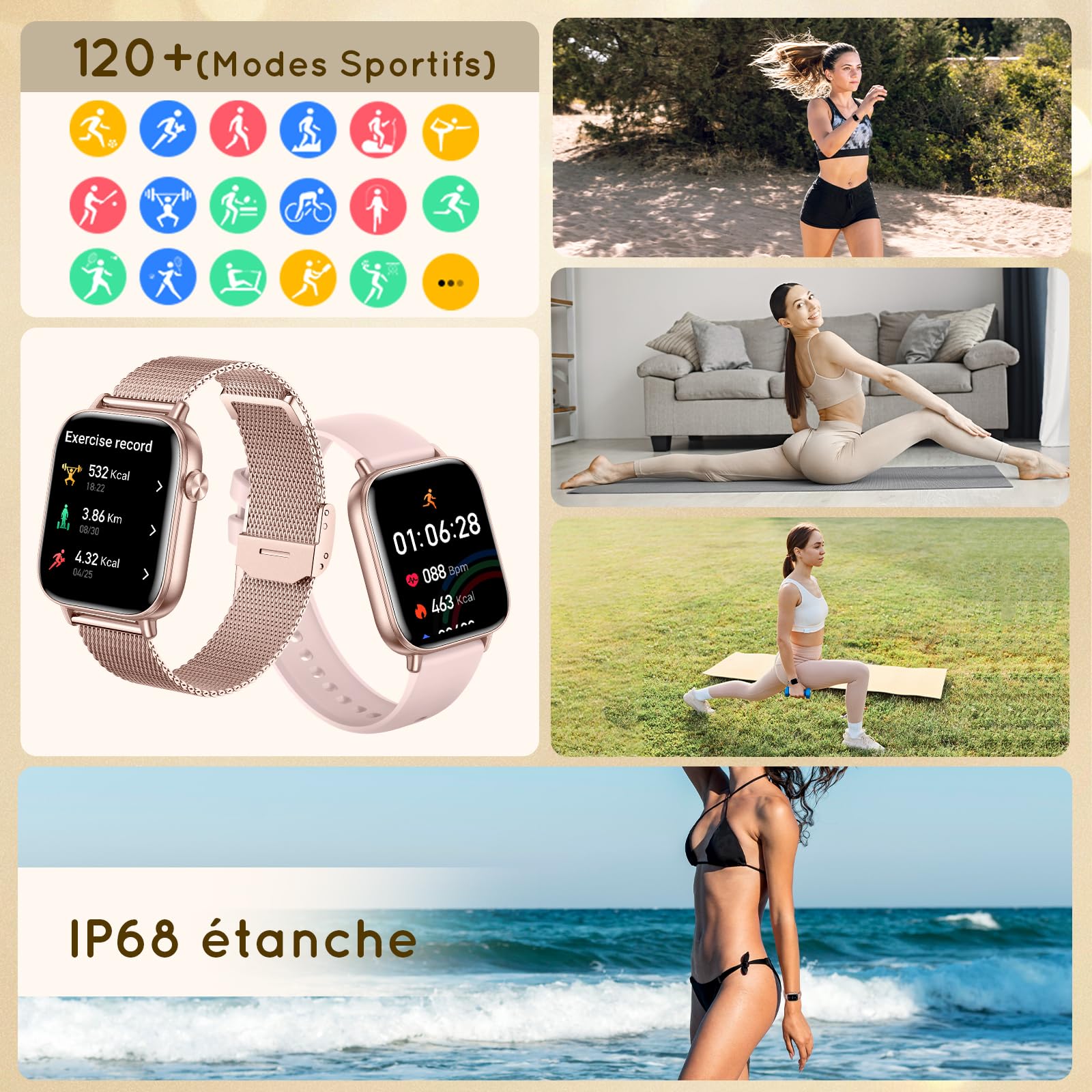 Montre Connectée Femme 3 Bracelets 1.83" HD Fitness Tracker Smartwatch avec Appels Bluetooth/Surveillance Cardio/SPO₂/Sommeil/Podomètre, 120 modes sportifs IP68 Étanche pour iOS Android, Or Rose