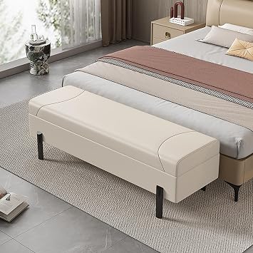 Leather Storage Ottoman Bench,Large End of Bed Ottomans,Load up to 660 lb Ottoman with Storage,Upholstered Entryway Bench with Seating for Living Room, Bedroom, Entryway Off-White 120x40x45cm