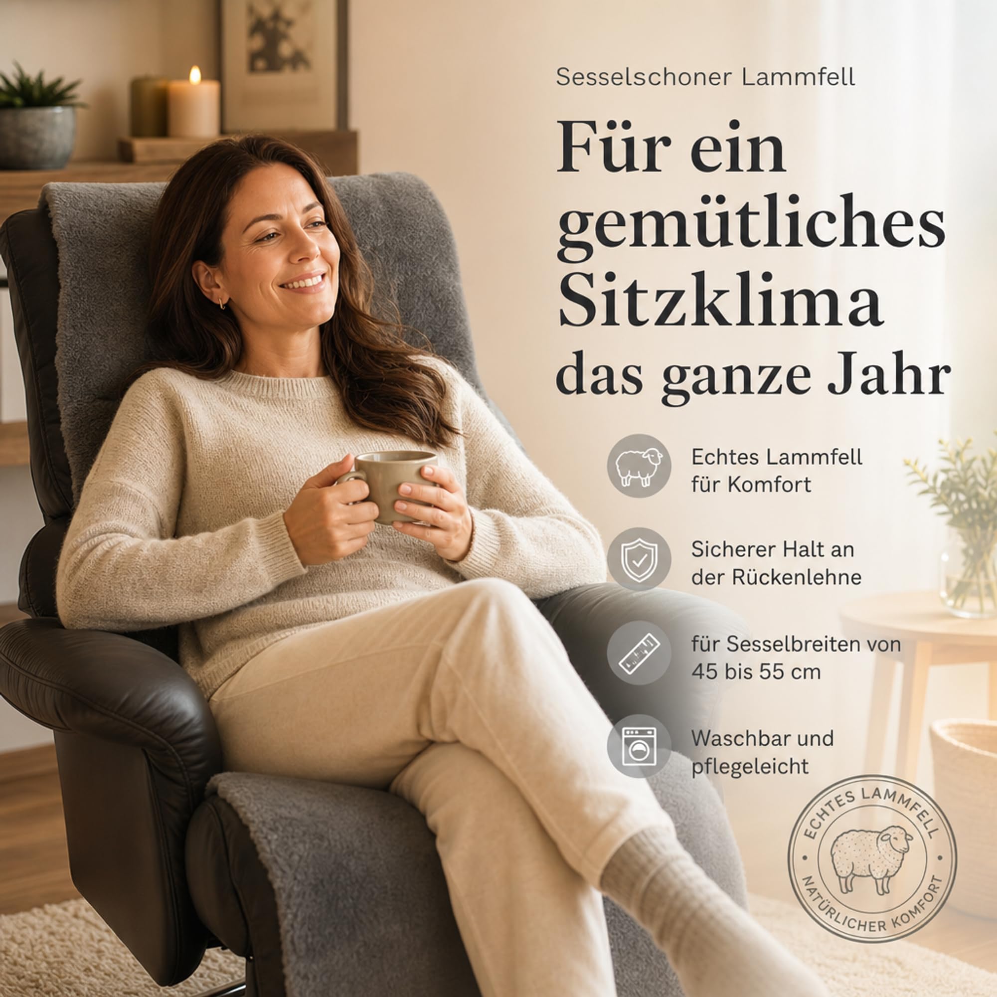 Sesselschoner für Relaxsessel universell komplett aus Lammfell 50 cm Breite (Anthrazit)