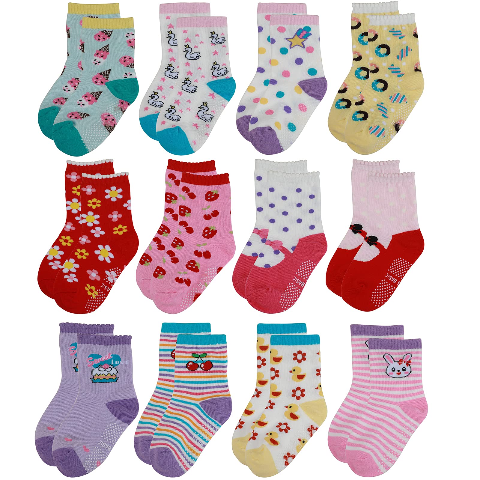 Yafane 12 Pares de Calcetines Antideslizantes para Niños Niñas Recien Nacido Unisex Pequeños Algodón Lindo con Puños Calcetines Antideslizantes para Bebés