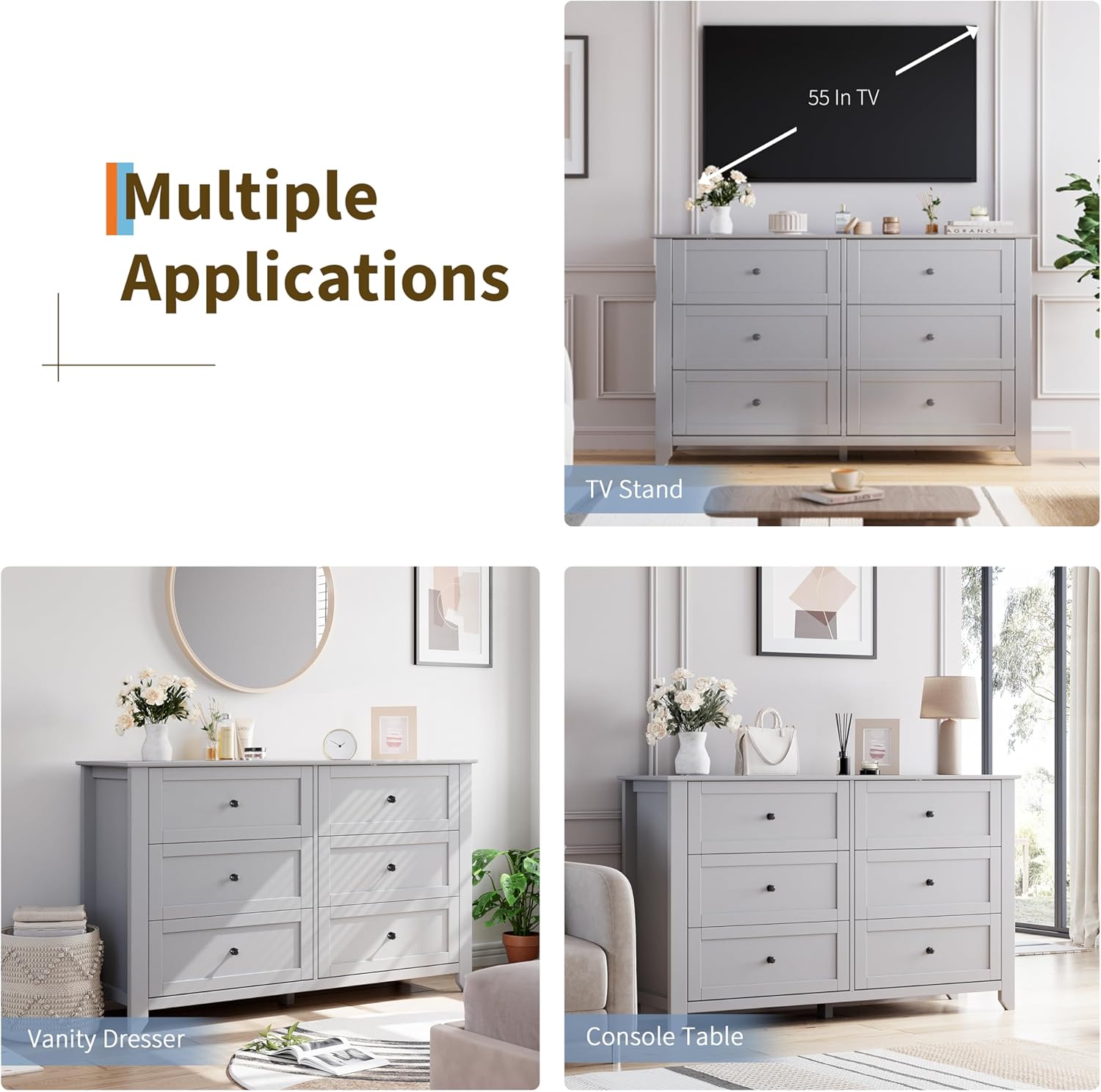 IDEALHOUSE 6 Chest of Drawer Dresser, Modern Storage Organizer Cabinet with Drawers for Bedroom, Living Room, Entryway, Grey