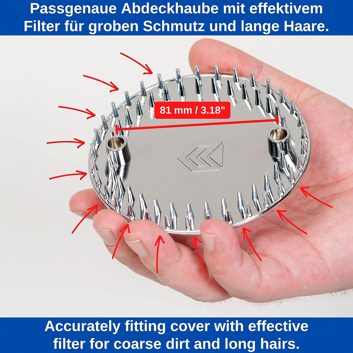 Underside of the shower drain cover showing the filter pins and two screw holes.