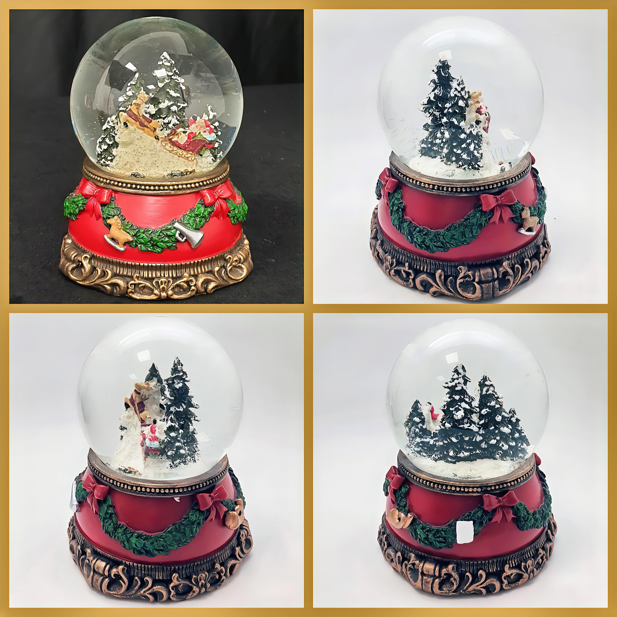 Schneekugel Weihnachten Spieluhr | Santa im Schlitten | Sockel Weihnachten rot Tannengirlande | mit Musik | Schüttelkugel Weihnachtsdekoration | B: 10 cm H: 14 cm | 20276