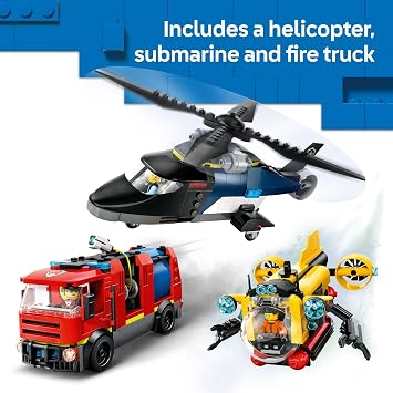 LEGO City Helicopter, Fire Truck & Submarine Remix Kids Toy - 3 Building Toys in 1 for Boys and Girls, Ages 7+ Gift Idea for Birthdays - with 3 Minifigures - 60462