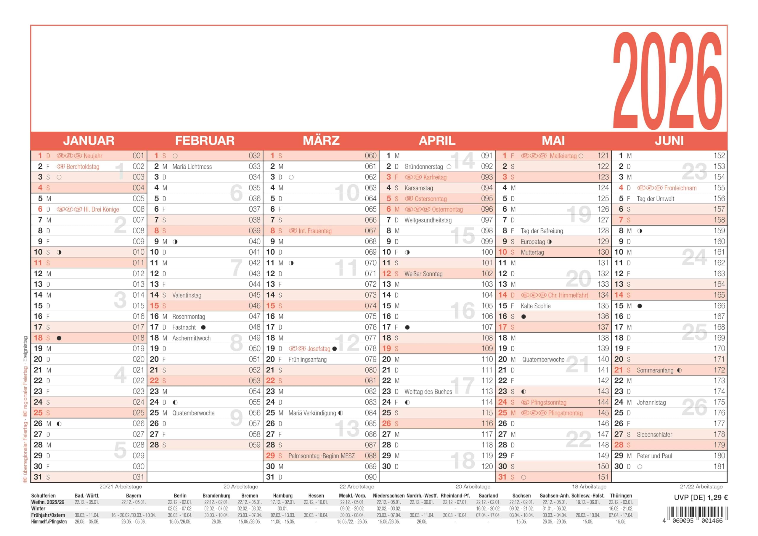 Zettler Arbeitstagekalender A4 2026 – Bürokalender groß 30 × 21 cm, 6 Monate pro Seite, Arbeitstage-, Tages- & Wochenzähler, Ferienübersicht, Feiertage, Mondphasen, Wandkalender kompakt, FSC Karton