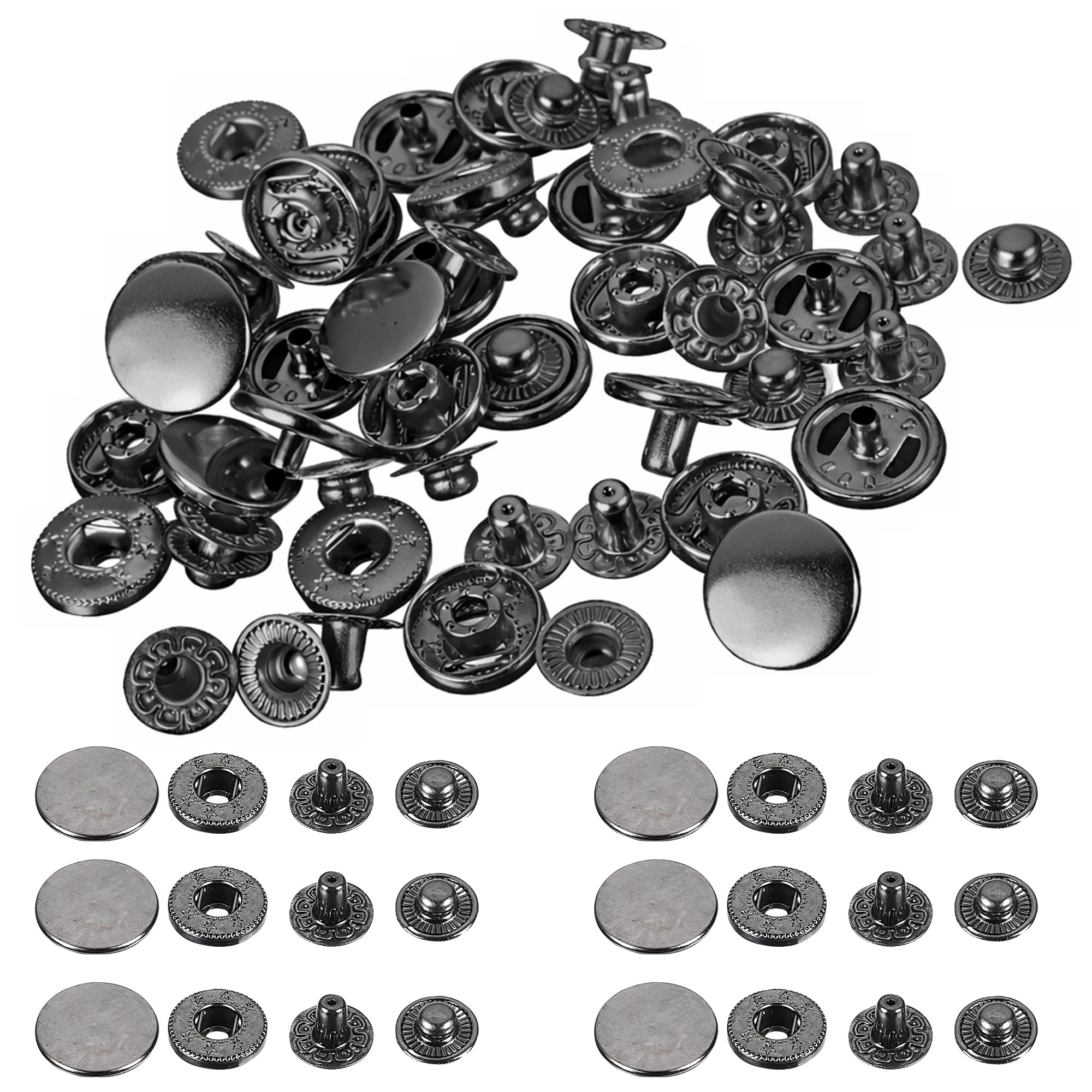 Trimming Shop 15mm S Spring Press Studs 4 Part, No Sew Metal Snap Fasteners Buttons for Jackets, Jeans, Leather Craft, Straps and Sewing Projects, Clothes Repair, Gunmetal, 20pcs