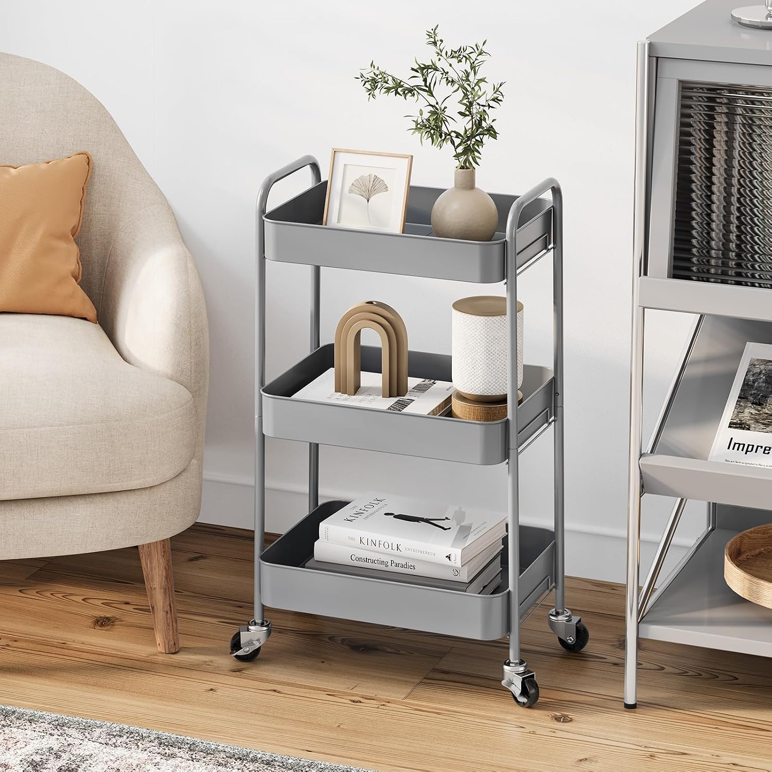 TOOLF 3-Tier Rolling Cart - Metal Utility Storage Organizer with Lockable Wheels, 33 lbs Per Shelf, Tool-Free 5-Min Assembly, for Kitchen Bathroom Office Nursery Craft Room, Grey thumbnail