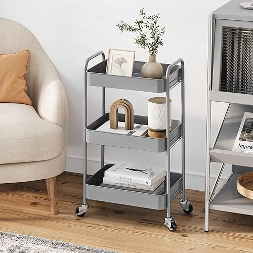 Miniatura 6 de TOOLF Carrito de metal de 3 niveles con ruedas, carrito organizador de almacenamiento para cocina, baño, oficina, artículos esenciales para bebés y