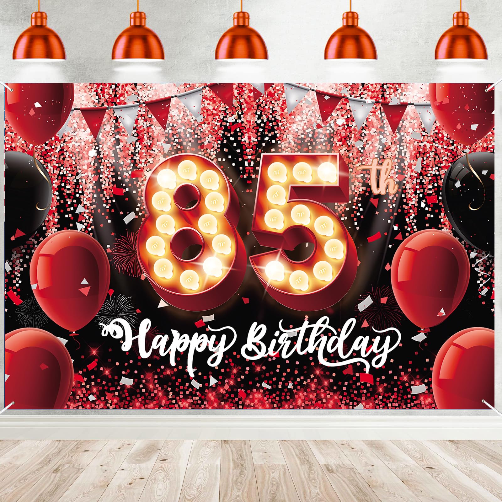 85th Happy Birthday Banner Red Glitter Sequin Balloon Banner Backdrop for Man Woman Gift Sign Birthday Party Decorations Photo Booth Background Props