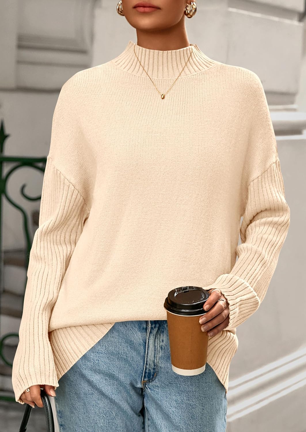 PRETTYGARDEN Casual Long Sleeve Oversized Sweaters for Women 2026 Loose Mock Neck Pullover Sweater Ribbed Knit Fall Clothes - Image 7