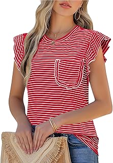 Womens Summer Tops Striped T-Shirts 2026 Ruffle Short Sleeve Crew Neck Casual Blouses with Pocket