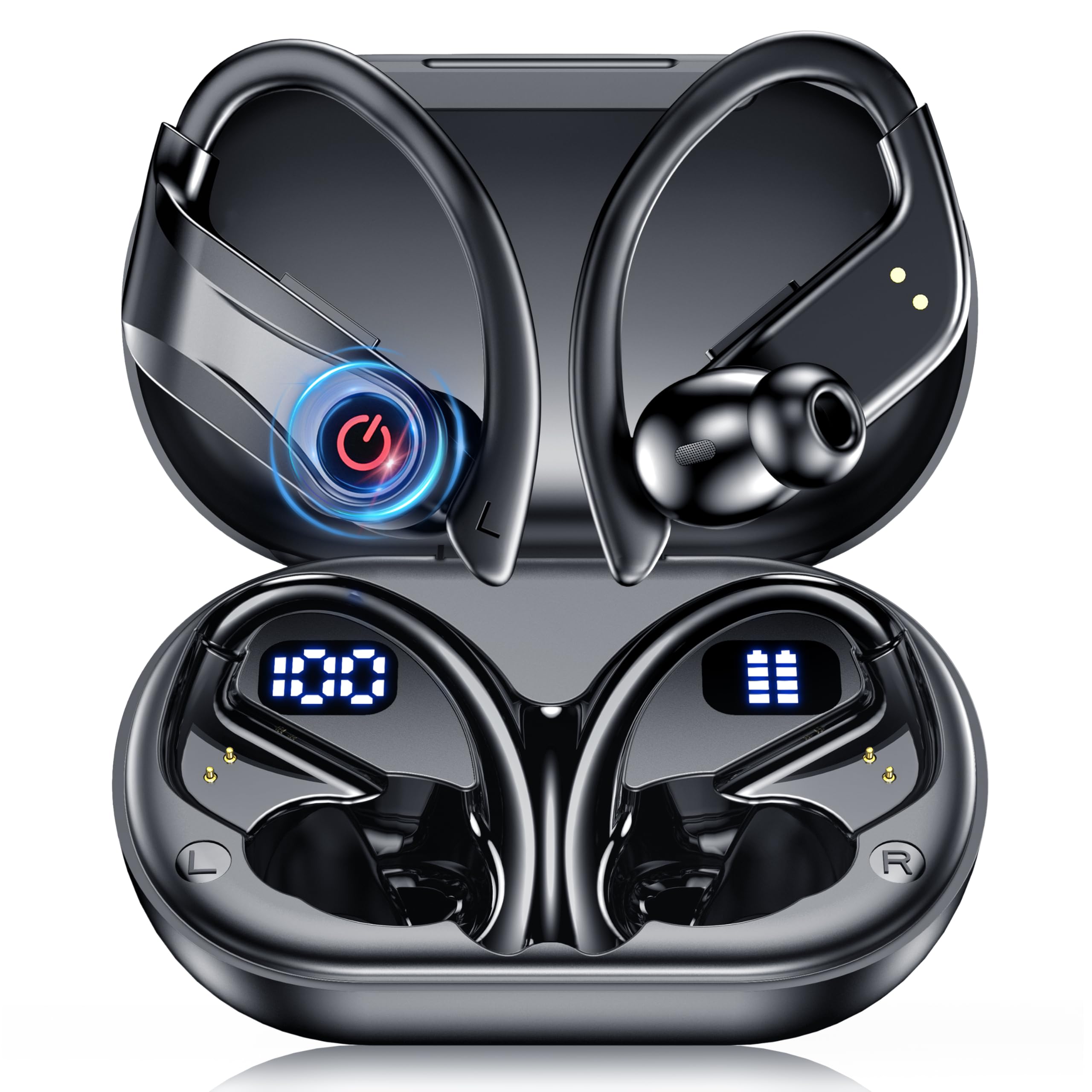 EUQQ NewYYK-Q63 charging case open, showing the earbuds inside and the dual LED battery display.