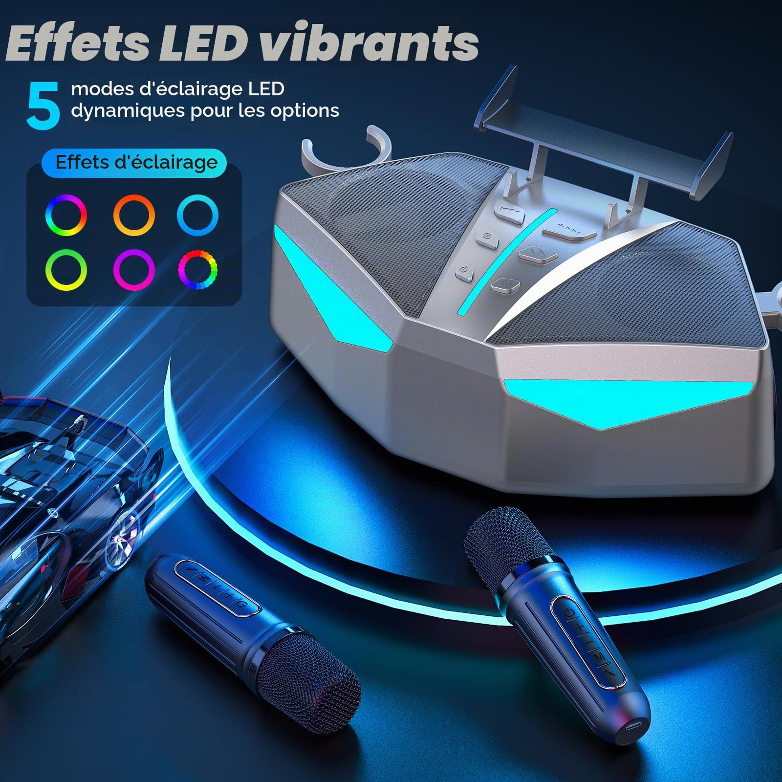 Karaoké Haut-Parleur Portable 35W Réel, Autonomie de 8 Heures, 2 Microphones sans Fil Rechargeables, LED, Machine de Karaoké pour Adultes et Enfants, (CHJ161-Silvergray)