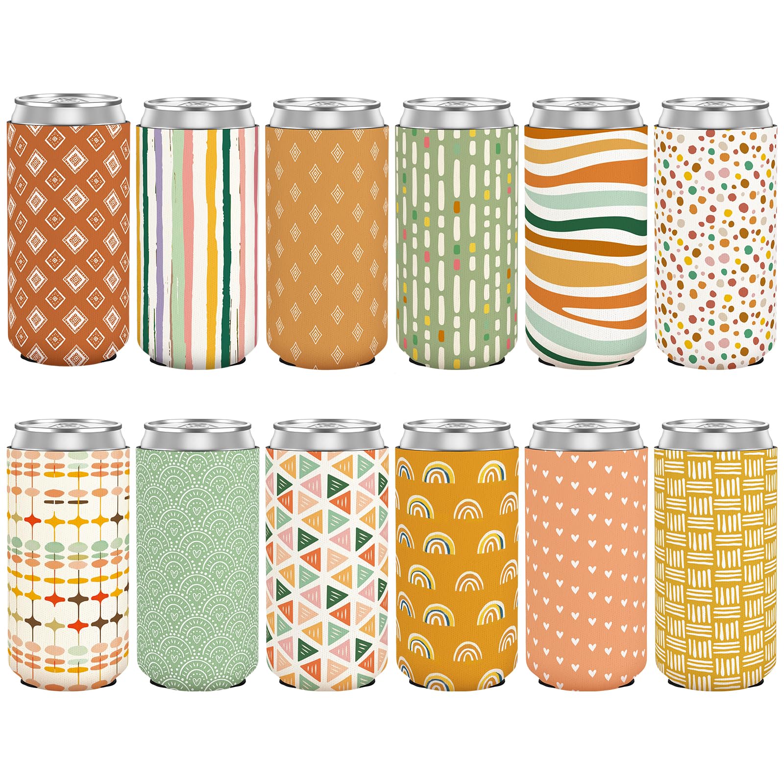12 Pack Boho Slim Can Cooler Sleeve Neoprene Insulated Drink Bottle Holder for 12oz Slim Beer & Hard Seltzer, Summer Party Favors, Events or Gift