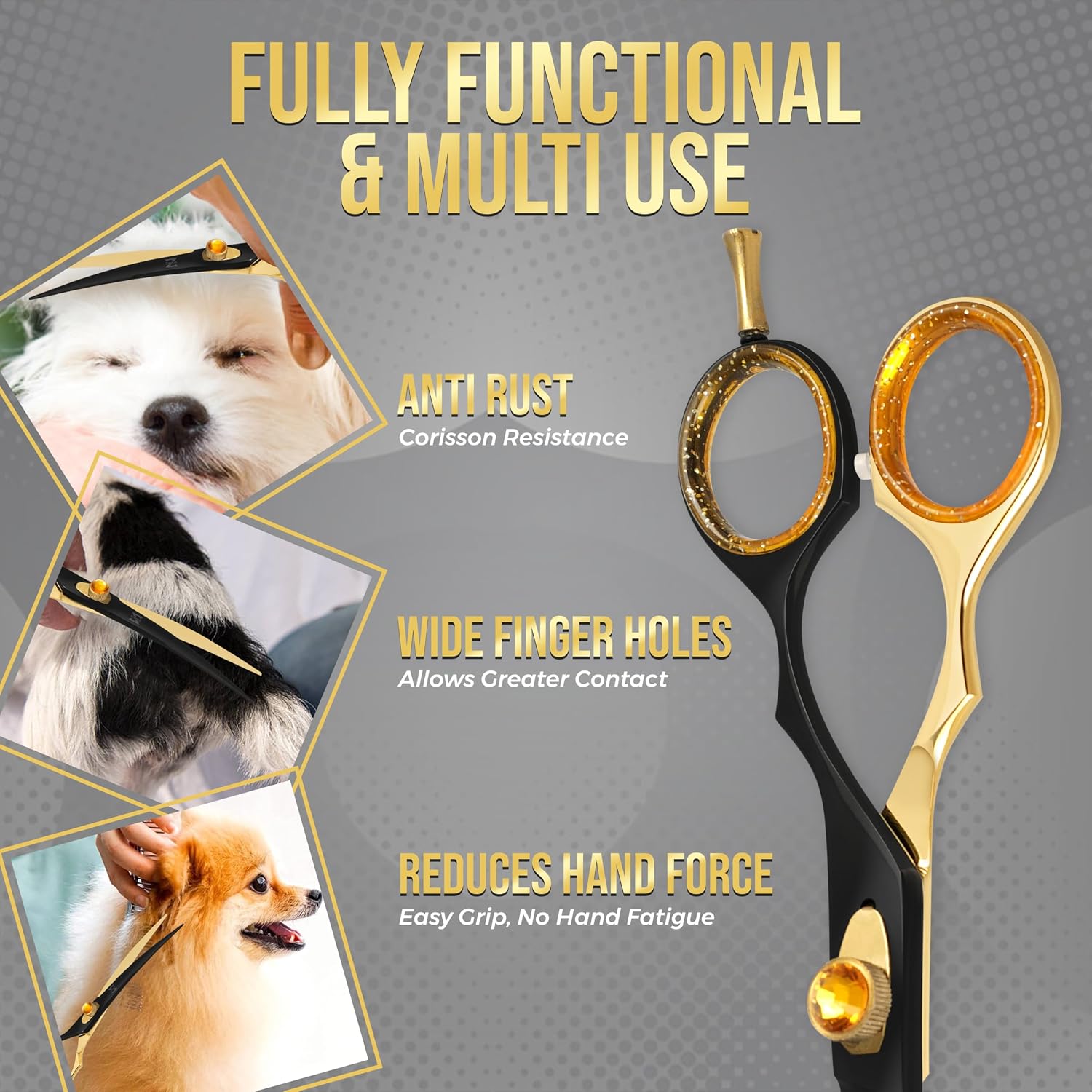 ZAVRIX Professional Dog Grooming Scissors – 7.5” Curved Thinning Shears with 34 Teeth, Pet Chunkers for Dogs & Cats, Premium 440C Stainless Steel Grooming Tools (Golden Black Curved Scissor)