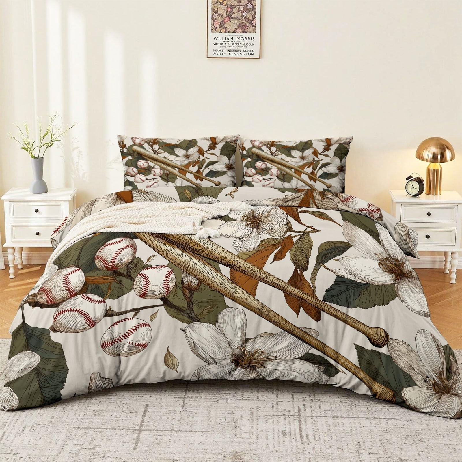 Poszwa na kołdrę 230 x 220 cm Retro Liście Baseball Kij, 3-częściowy dwustronny zestaw pościeli + 2 poszewki na poduszki, poszwa na kołdrę z zamkiem błyskawicznym, brązowy beżowy