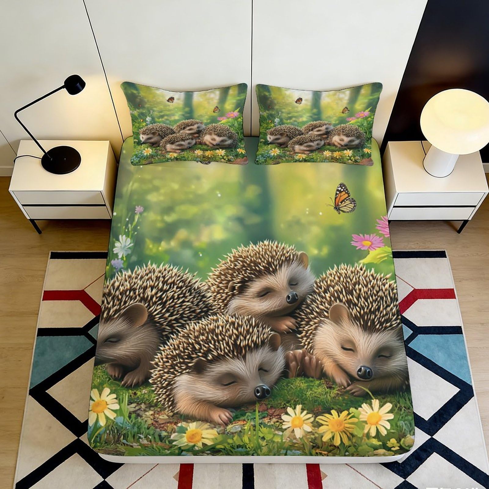 Pnayamiorkfel Style-2 3D Printed Hedgehog Forest Fitted Sheet Microfiber Soft Breathable Butterfly Meadow Mattress Cover For Bedroom Dorm Decor 90X200x25cm
