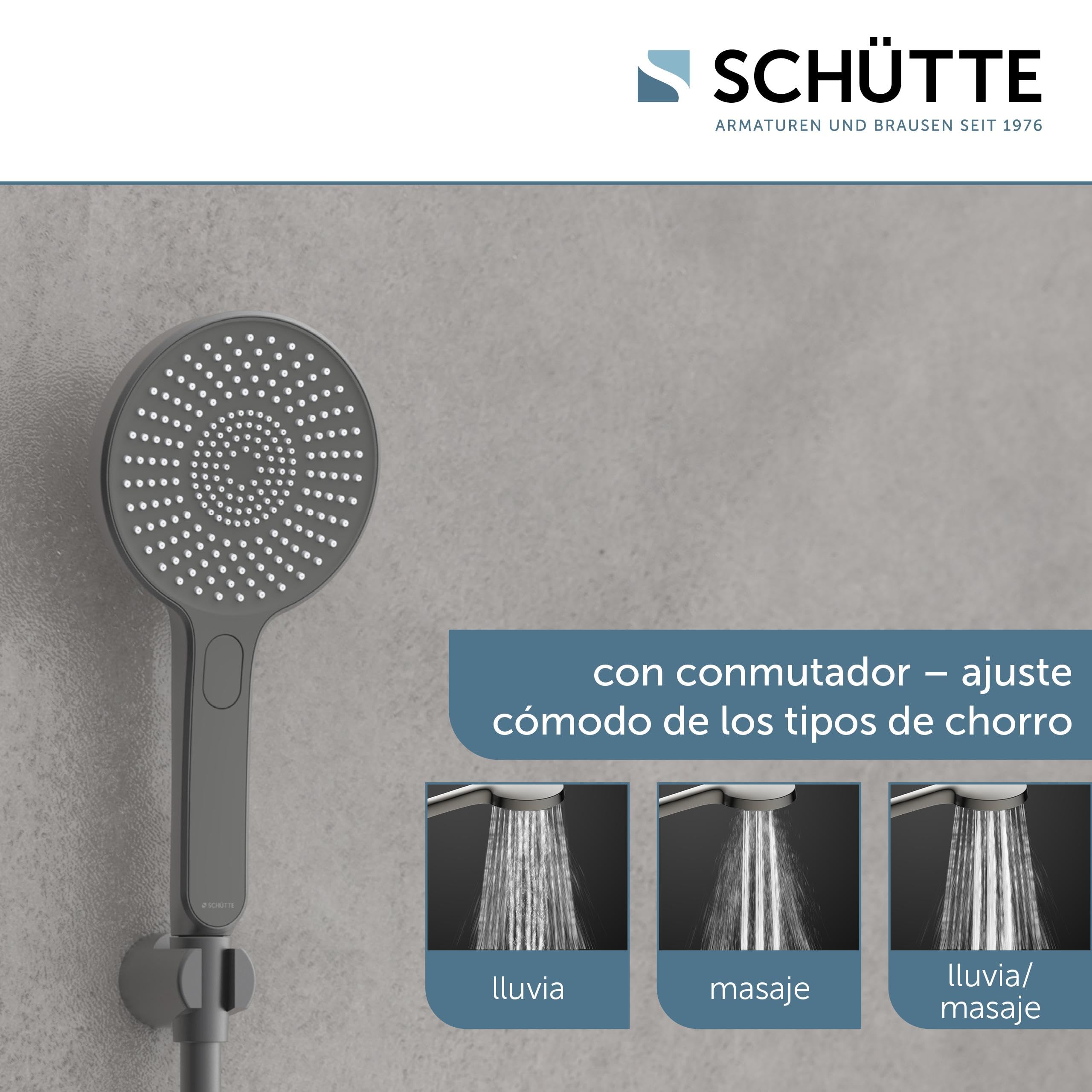 SCHÜTTE Alcachofa de ducha Karibic con puntos antical, cabezal de ducha con cómodo botón de presión y 3 tipos de chorro ajustables, cabezal antical para la ducha, grafito
