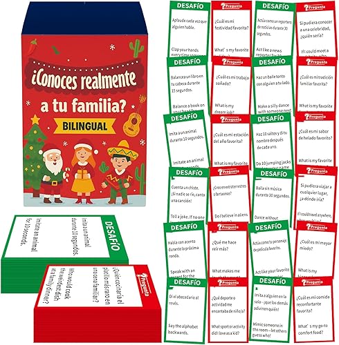 Jenaai Juegos de fiesta de Navidad al estilo español e inglés, juego de cartas familiares para fiestas con 180 tarjetas de desafío y preguntas para