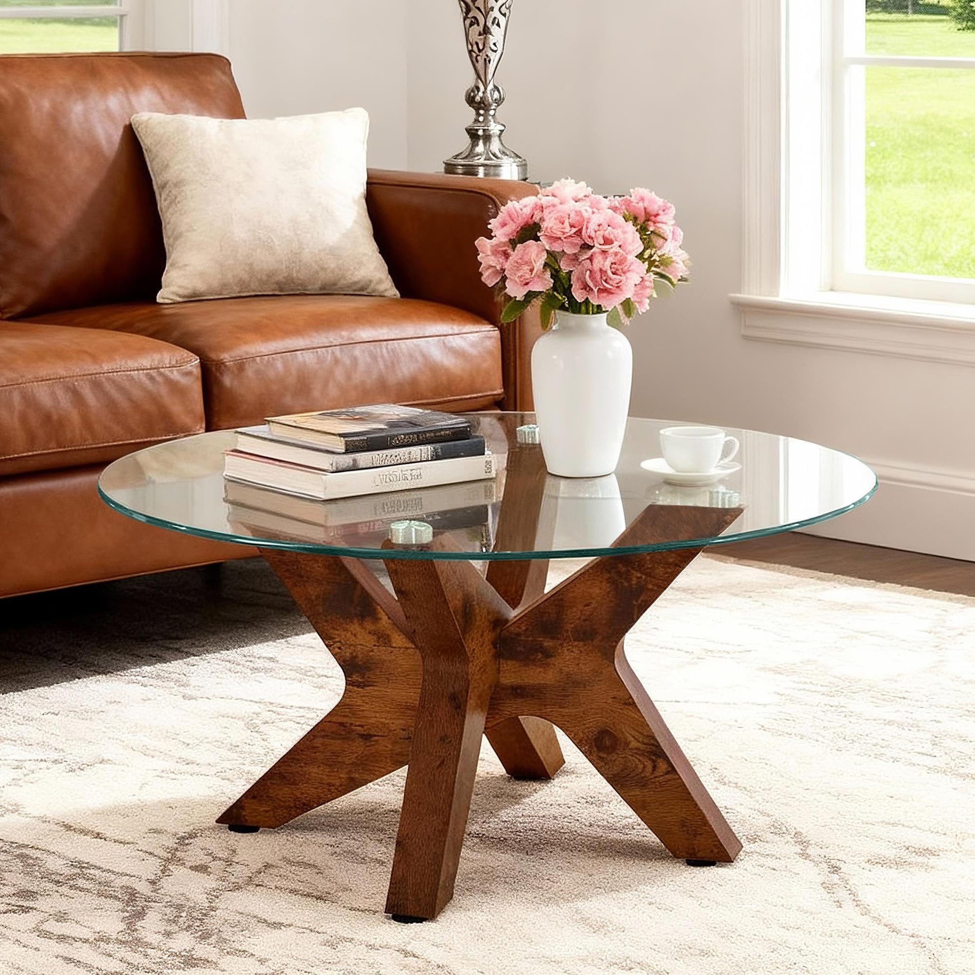 MCombo Round Glass Coffee Table, 80 cm Modern Small Space Coffee Table with Tempered Glass and MDF Wood Legs for Living Room, Home Office, Tree (Brown)