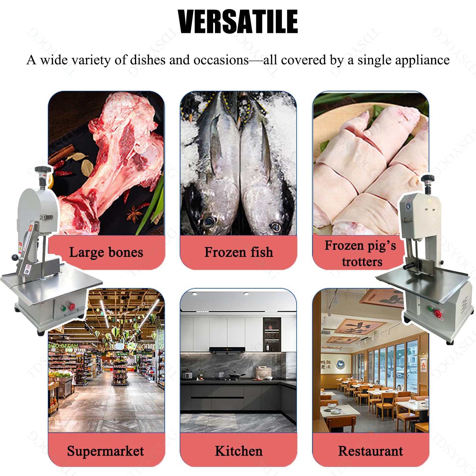 Sierra Eléctrica Comercial para Huesos de Carnicero, 1100W Sierra de Cinta de Acero Inoxidable, Mesa 44x31cm, Grosor 0-130mm, con 8 Cuchillas, para Carne Congelada, Costillas, Res y Pescado