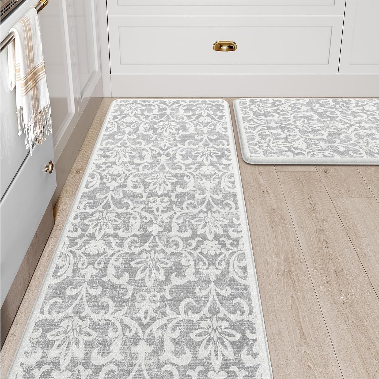 LEEVAN Cushioned Kitchen Mats for Floor Sets of 2, Vintage Distressed Grey Anti-Fatigue Kitchen Mat for Laundry,Non Slip Waterproof Standing Mat for Home,Office, Desk,Sink(17.3"x29"+17.3"x59")