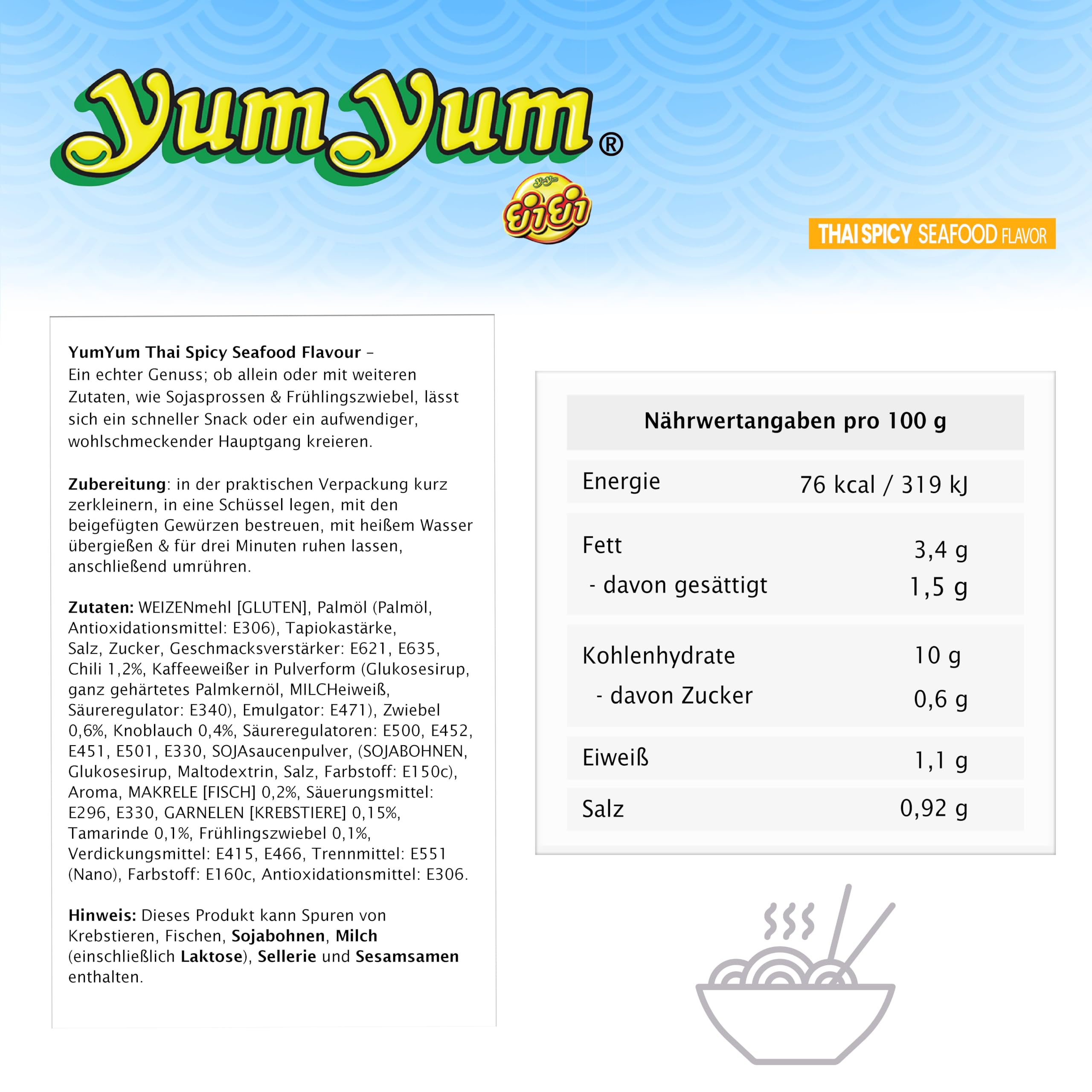 YumYum Thai Spicy Seafood Flavour 120x70g Asiatische Instant Nudeln mit Geschmack von Meeresfrüchten, sofortiger Genuss als Snack, authentisch thailändisches Aroma, scharf, Produktion in Thailand