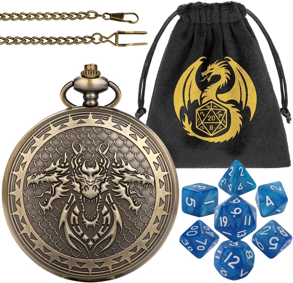 Small Acrylic DND Dice Set, 3 Dragon Heads Alloy Pocket Watch Case with Chain, Little 7pcs Polyhedral Dice, DND Starter Set, Role Playing Games Accessory, Warhammer Gift, D&D Gifts for Men, Blue Dice