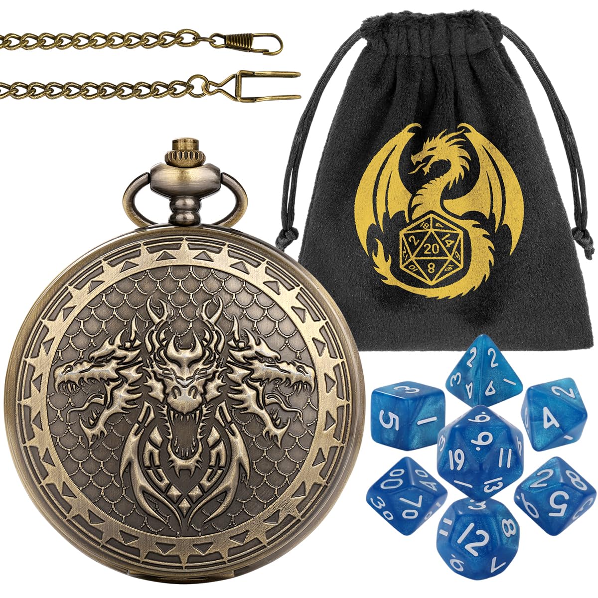 Small Acrylic DND Dice Set, 3 Dragon Heads Alloy Pocket Watch Shell Case, 7pcs Mini Polyhedral Dice, D&D Starter Set, Role Playing Board Games Accessories, Warhammer Gifts, Blue Dice — image 1