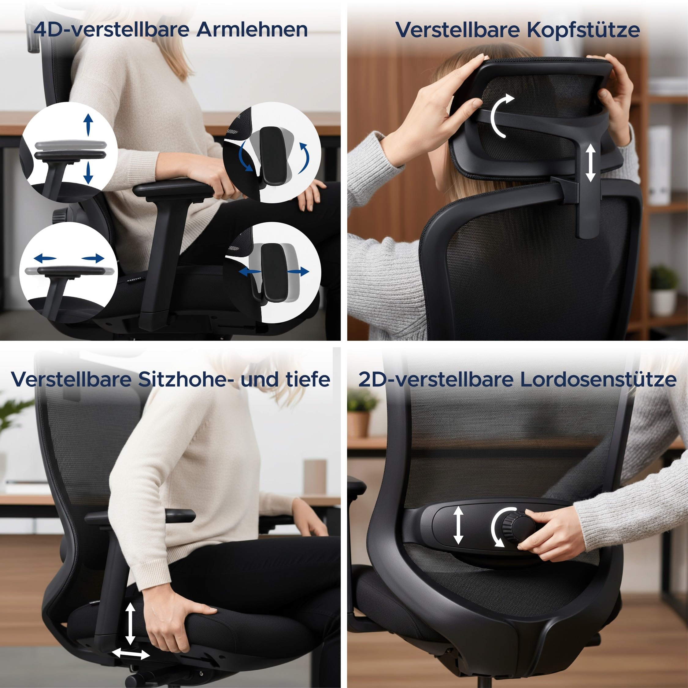 TITANO E5 | Ergonomischer Bürostuhl mit Neigungsfunktion, 4D-Armlehnen, Lendenwirbelstütze & Kopfstütze – Drehstuhl für Home Office & Büro | 150 kg Belastbar | Ergonomic Schreibtischstuhl