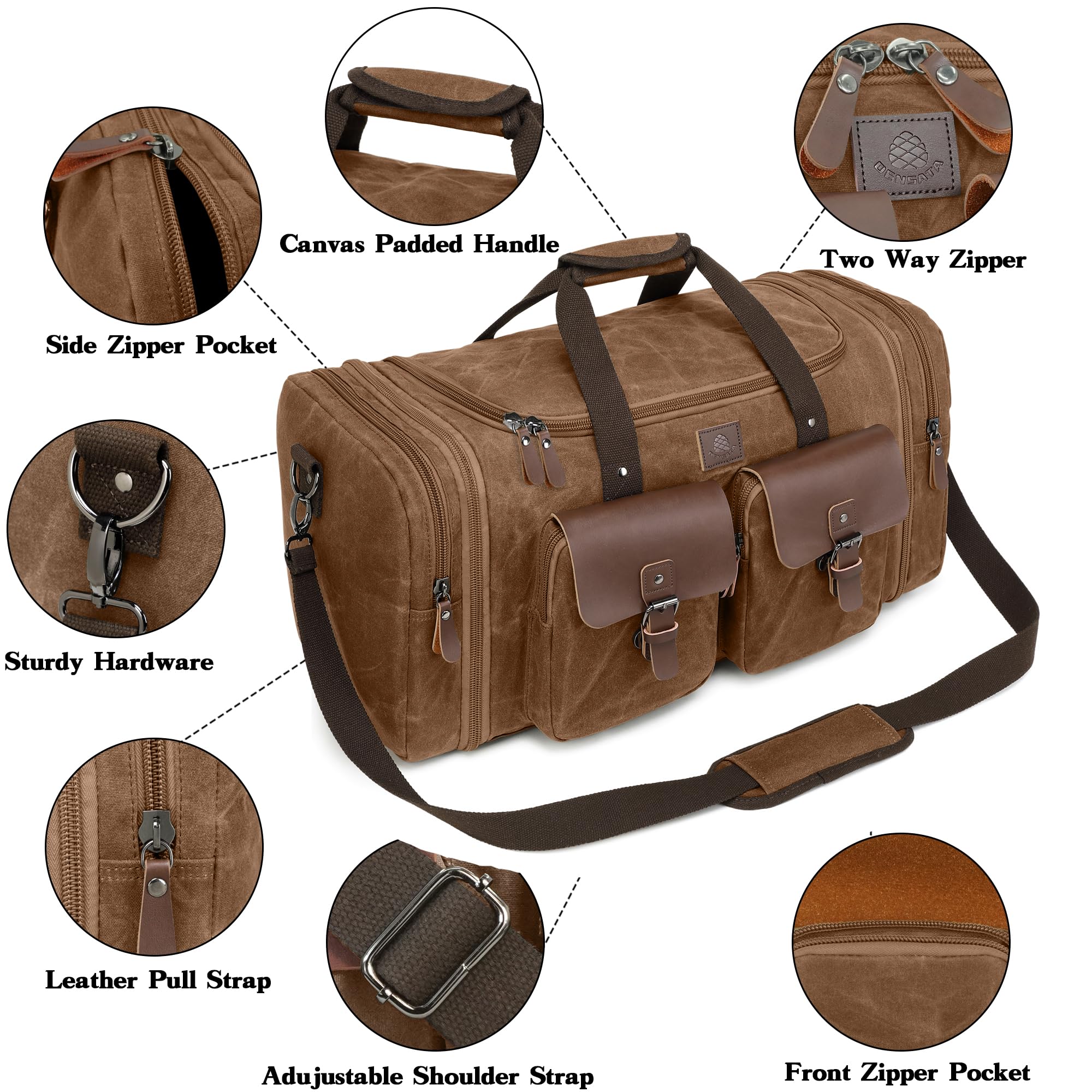 Bolsa de viaje de 60 litros, bolsa de lona expandible de piel auténtica, bolsa de viaje mejorada para fin de semana, marrón, (Vintage Dark Brown), Large-50L, Classic