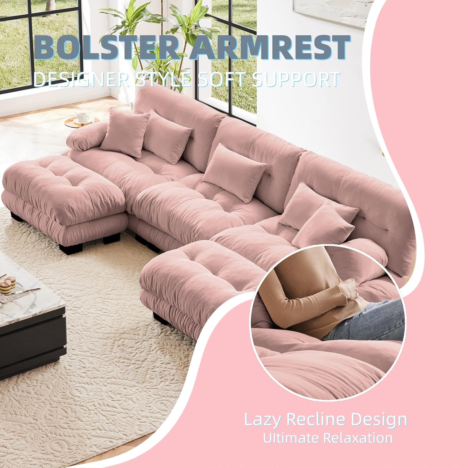 133.8" U-Shaped Cloud Couch, Oversized Modular Sectional Sofa, Deep Seat Cloud Boneless Couch, 3-Seat Modular Sectional Sofa with 2 Ottoman or Living Room,Bedroom and Apartment, Pink