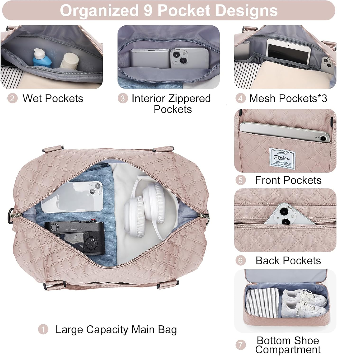 Weekender Bags for Women, Carry-On Personal Item Bag, Overnight Travel Duffel Bag with Shoes Compartment &Trolley Sleeve
