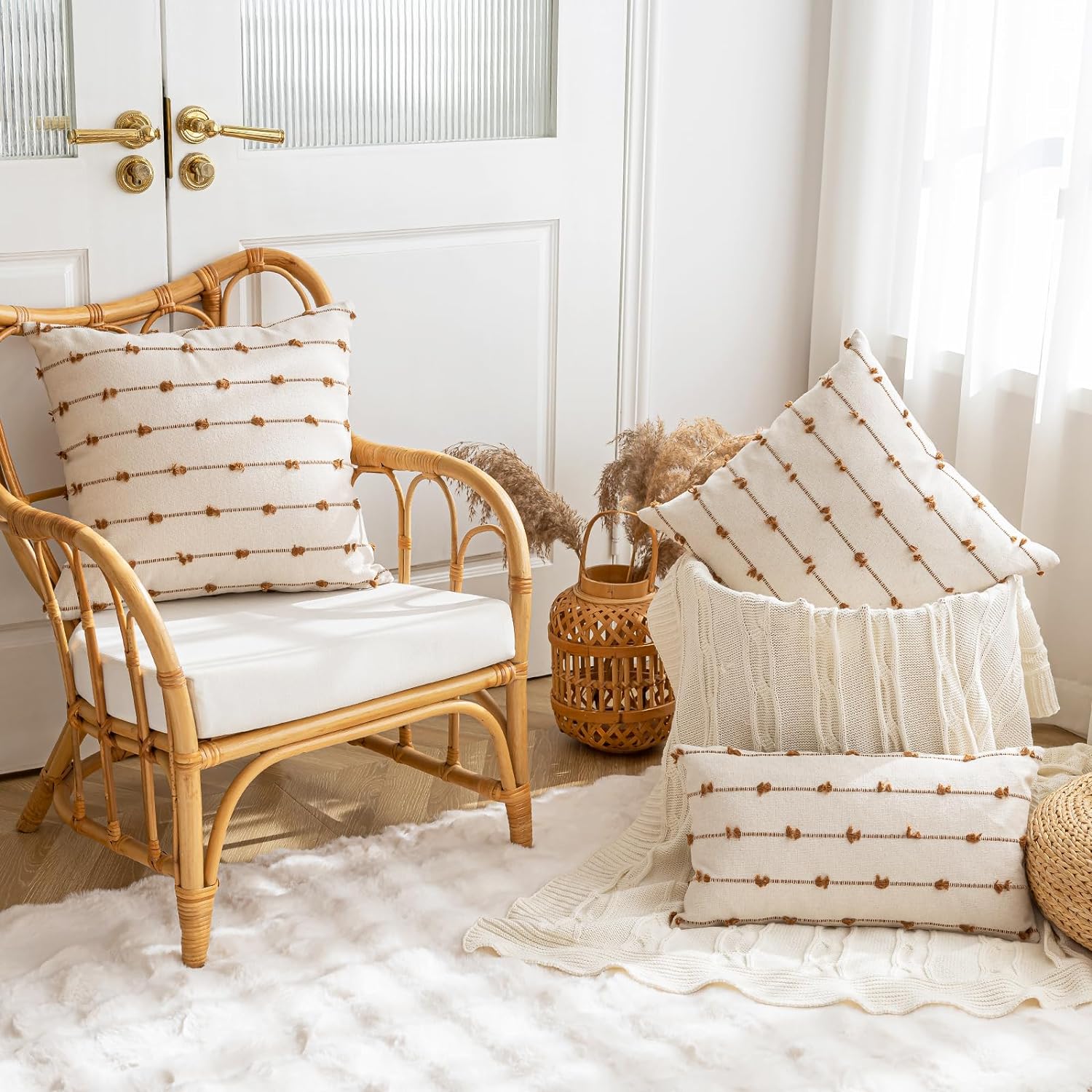 Boho Throw Pillow Covers 18x18 Set of 2 Modern Farmhouse Decorative Cushion Case Tufted Square Pillows Cover Neutral Pillow Cases Accent Pillowcase for Sofa,Couch,Bed,Beige and Brown - Image 4