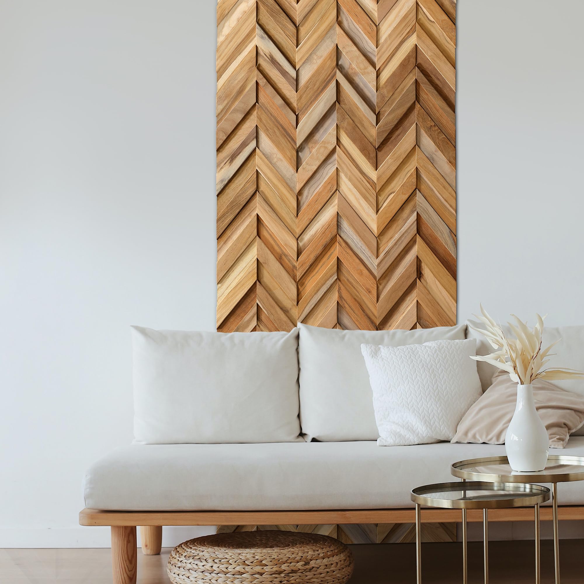 Rackhams Ultrawood Chevron Herringbone Solid Teak Wood Hardwood Panels, Wall Cladding 3D Interlocking Tiles, 10Pcs 0.69M²