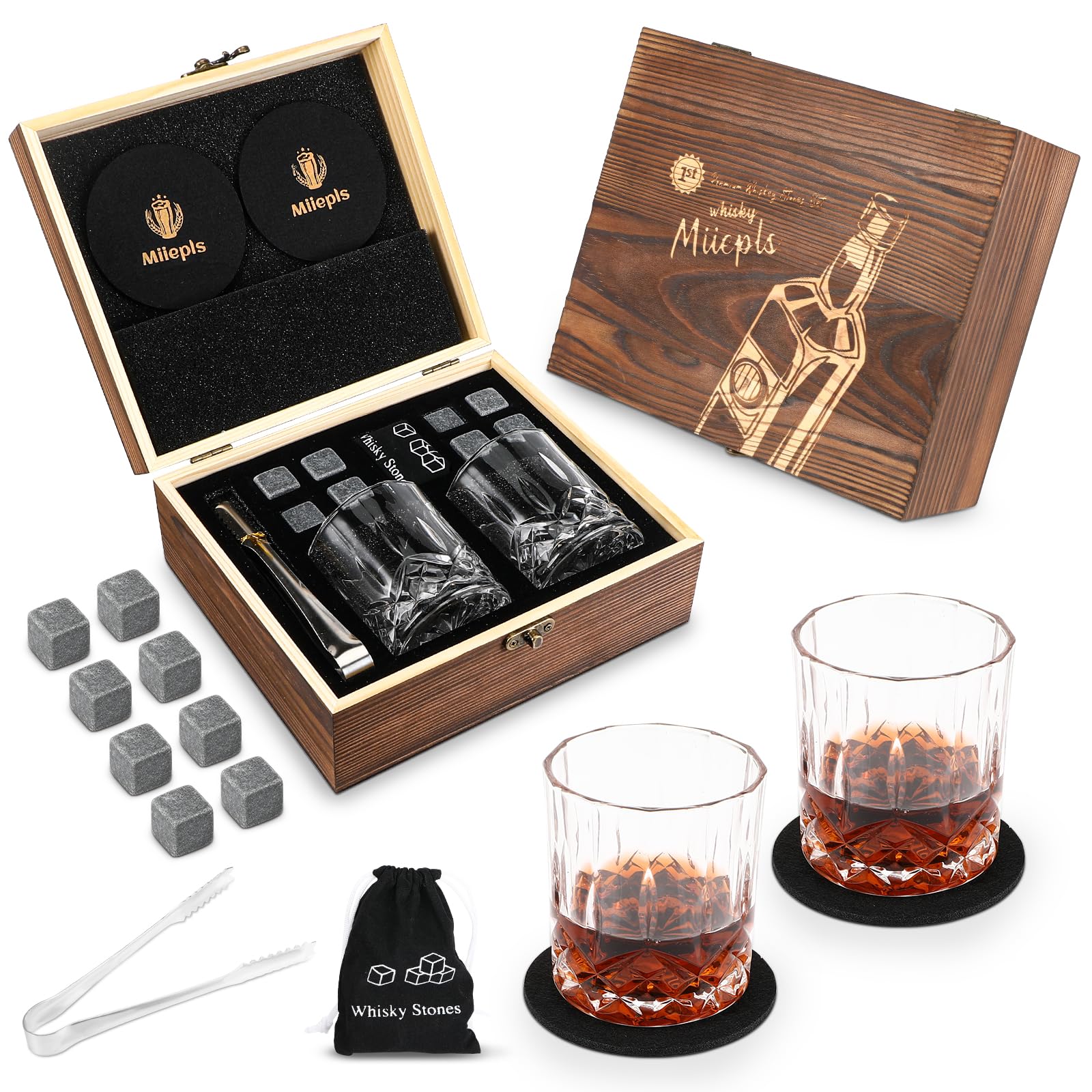 Set Regalo Whisky Con Pietre Di Granito - 4 Pietre Refrigeranti, Bicchiere Decorato, Pinze E Sottobicchiere - Foto 2