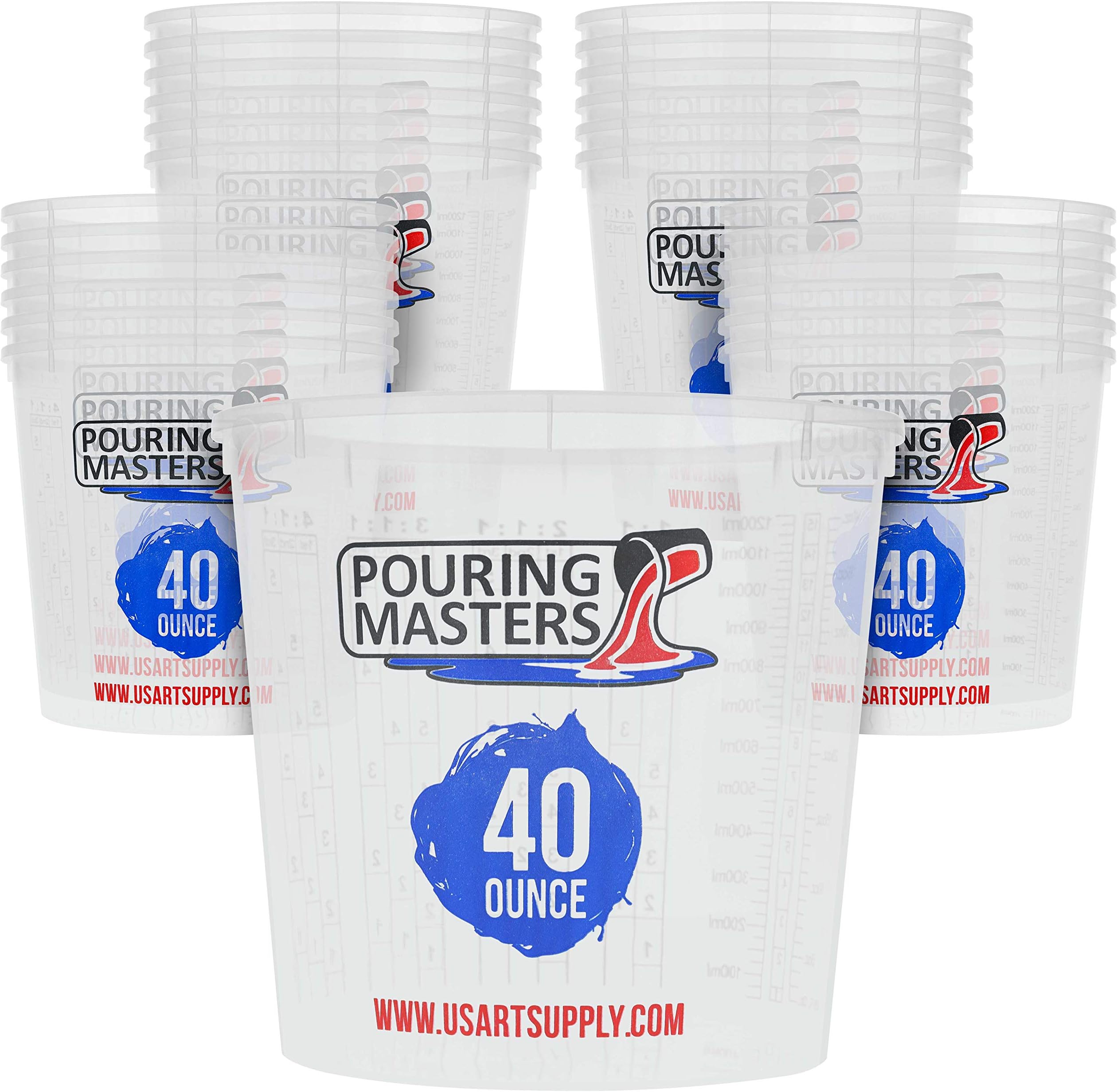 Pouring Masters 40 Ounce (1200ml) Graduated Plastic Mixing Cups (Box of 24) - Paint Mixing Cups for Epoxy Resin, Art, Kitchen, Baking - Measurements in OZ and ML, 4 Different Measuring Ratios 1:1