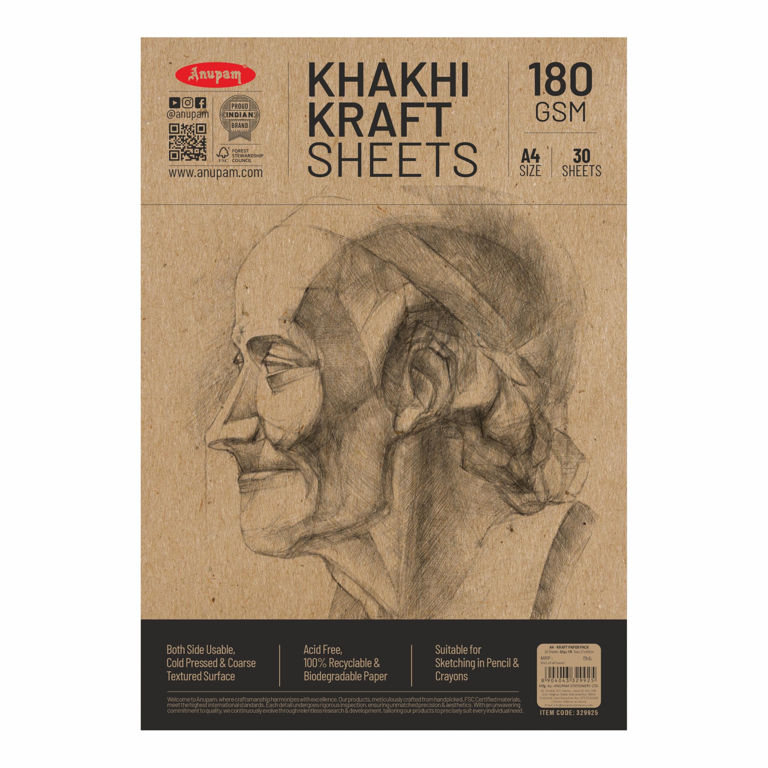 Anupam A4 Kraft Paper | Brown Colour Loose Sheets | 100% Recyclable Acid Free Sheet | 180 GSM | 30 Sheet / 60 Pages | Ideal for Pencil Drawing Doodling Sketching-image-5
